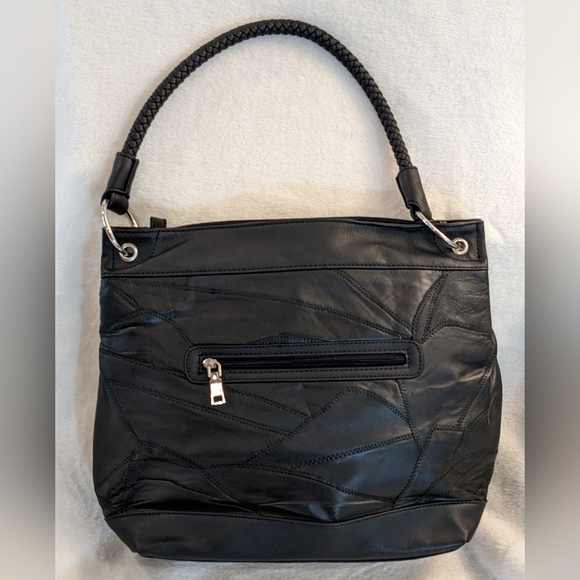 Jet Black Macy's Madi Claire Patchwork Real Leather Shoulder Crossbody Bag - Picture 3 of 9